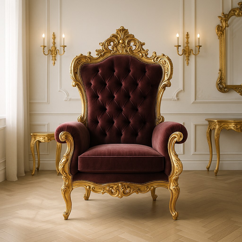 Einzelner Barock-Thronsessel als monumentaler Solitär vor dunkler Wand im Entree