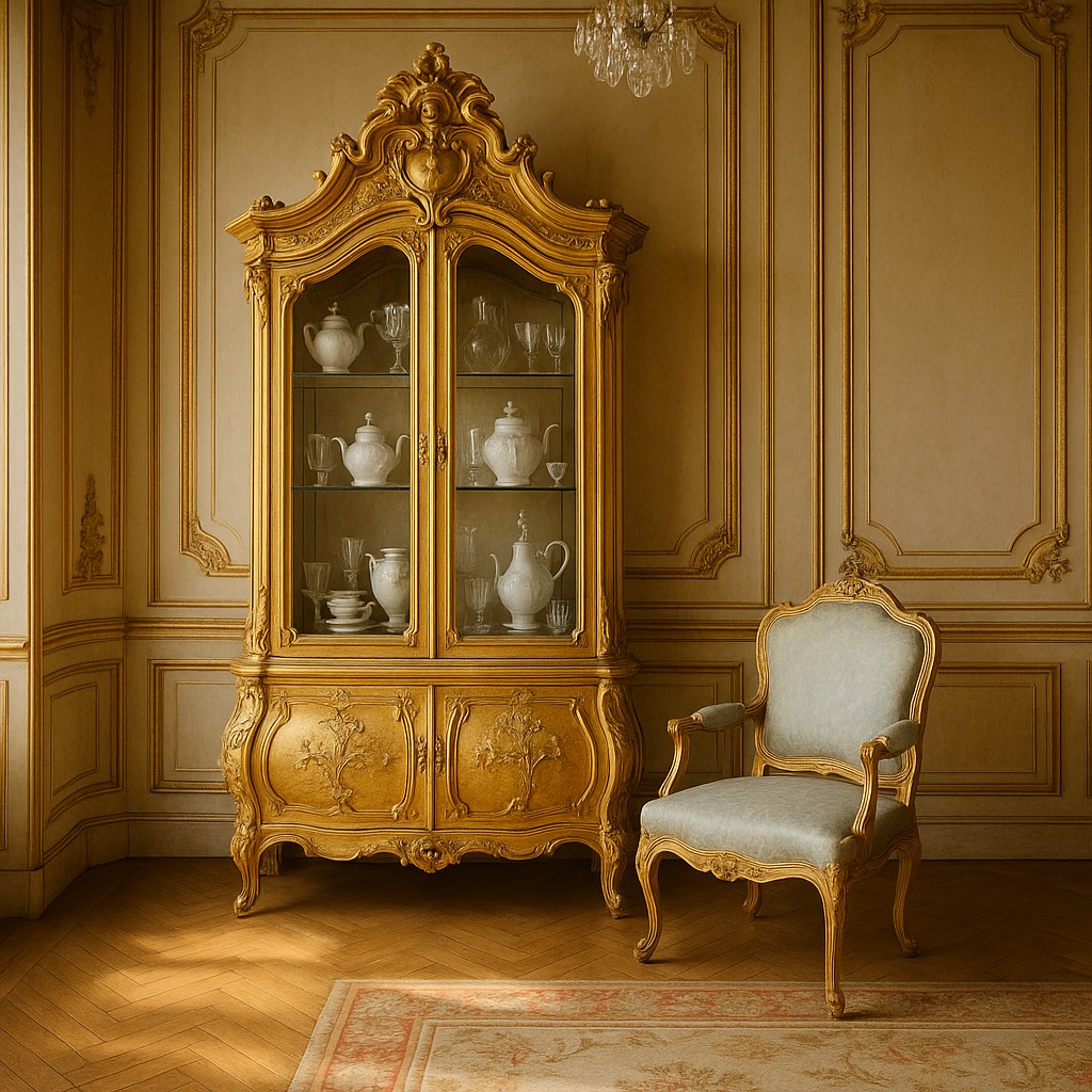 Goldene Barock Vitrine mit Glastüren in einem Schlosssalon von Casa Padrino