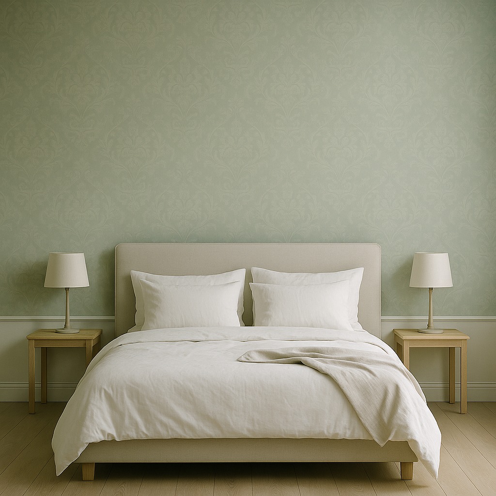 Barock Vliestapete mit Stuckmuster hinter einem Bett in einem Schlafzimmer von Casa Padrino