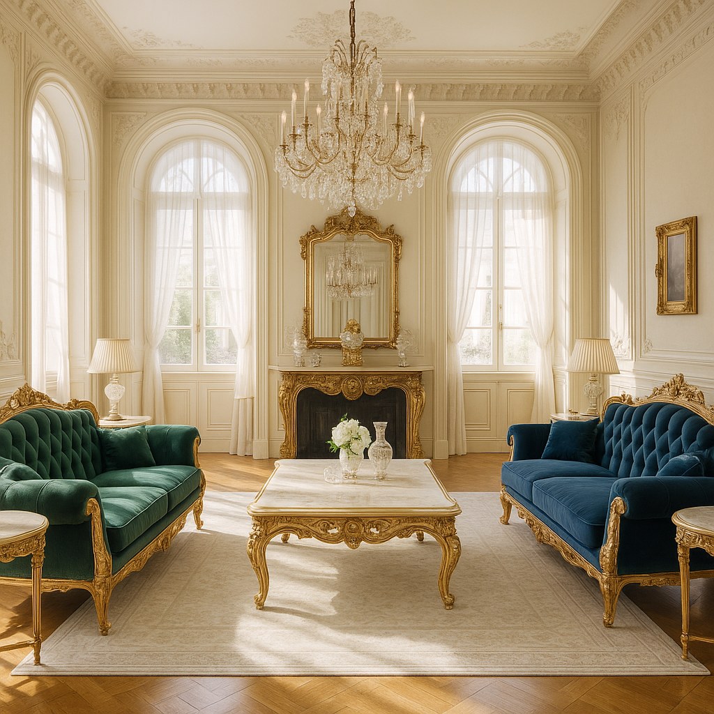 Salón barroco completamente amueblado con sofá de terciopelo, sillones, mesa de centro, espejo y araña