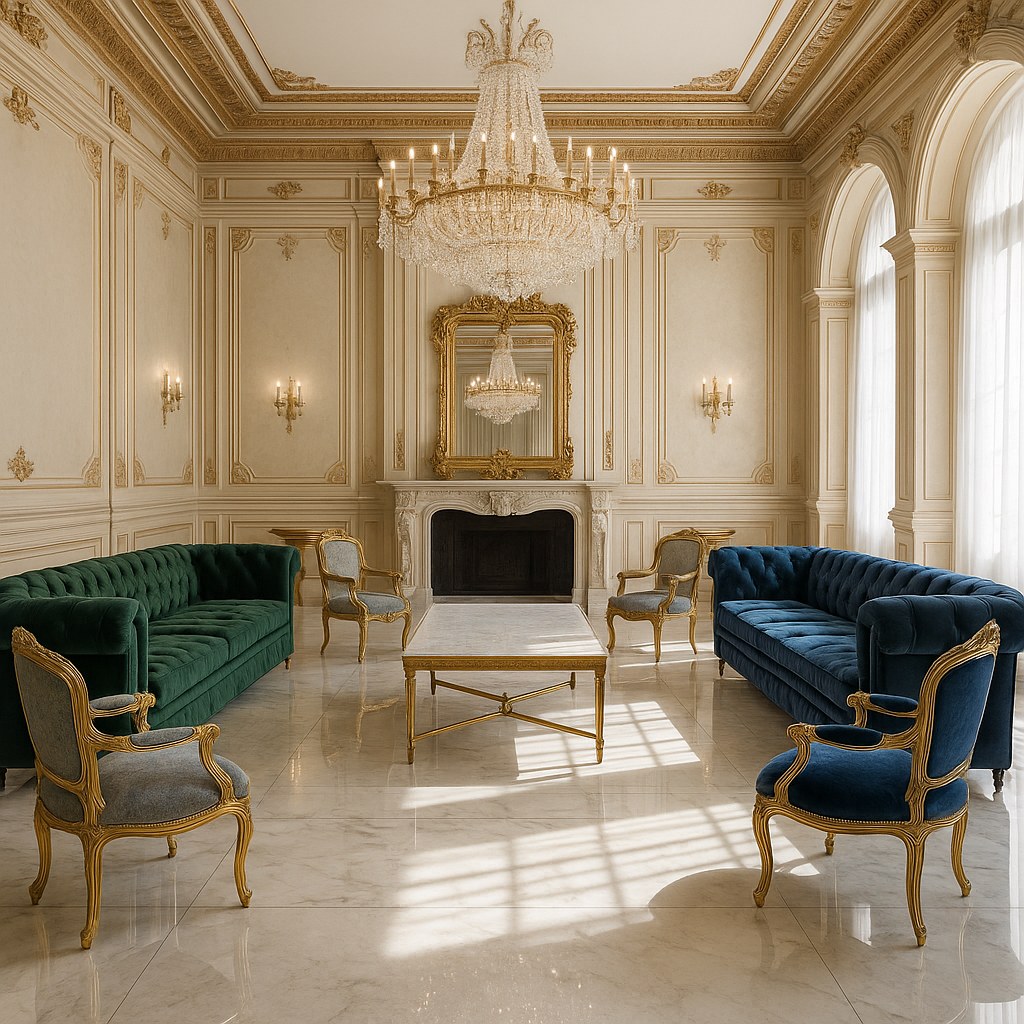 Salón barroco como lounge de hotel con zona de estar, araña de luces y espejo de pared