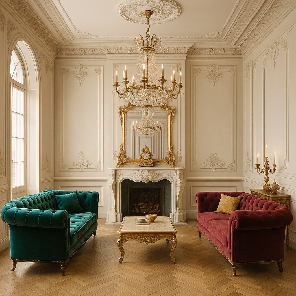 Elegante viñeta de salón con sillón barroco, mesa auxiliar y candelabro decorativo