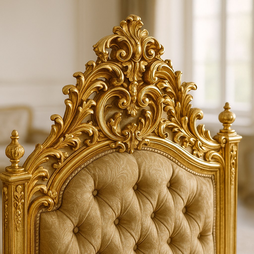 Detail of a baroque bed with a hand-carved, gold-leaf frame and a deeply buttoned velvet headboard