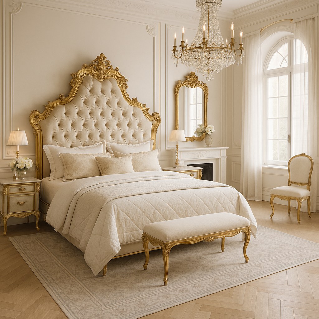 Baroque bed with a tall upholstered headboard and button tufting as the representative centrepiece of a bedroom