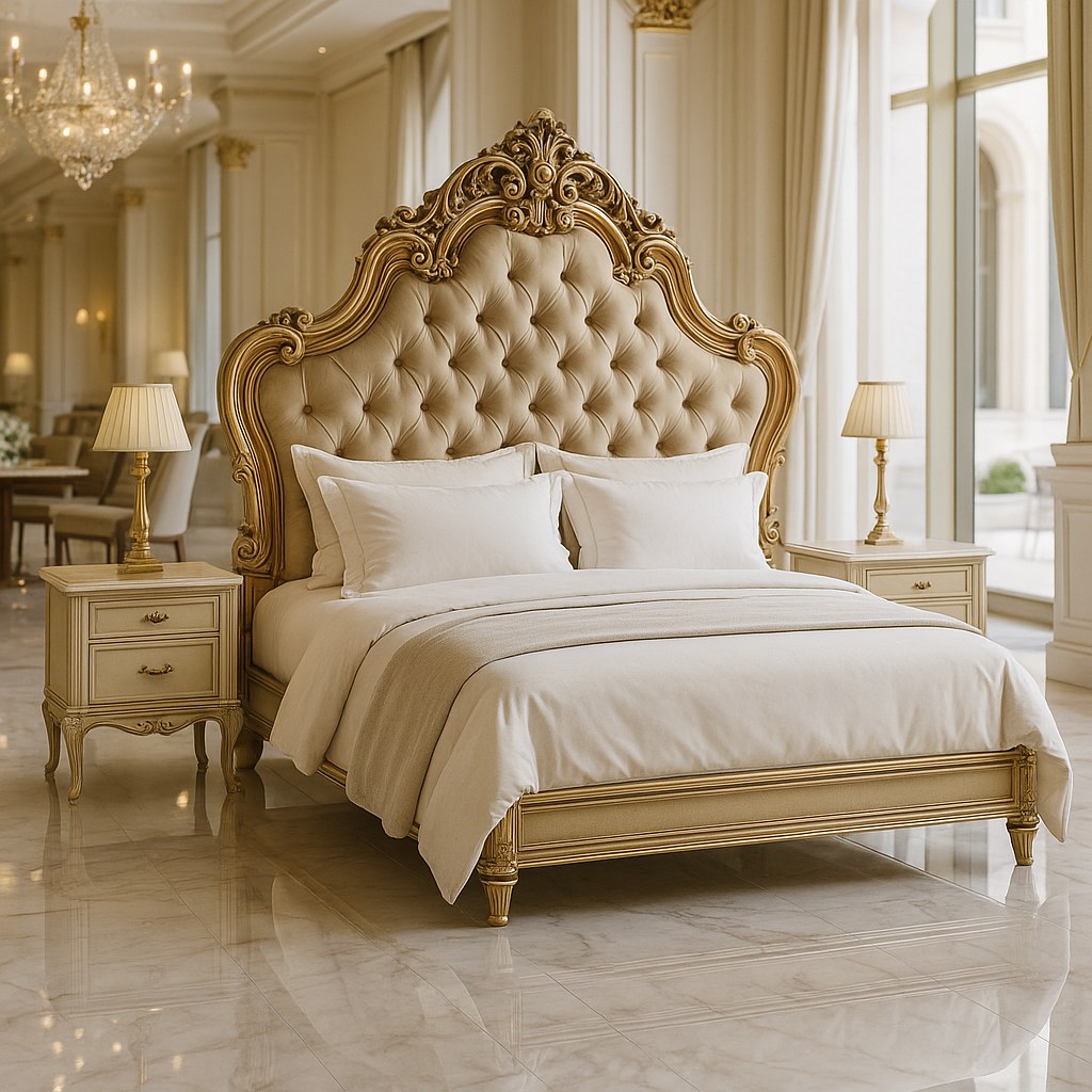 Baroque beds in series for hotel furnishing, several identical upholstered beds with headboards in a suite