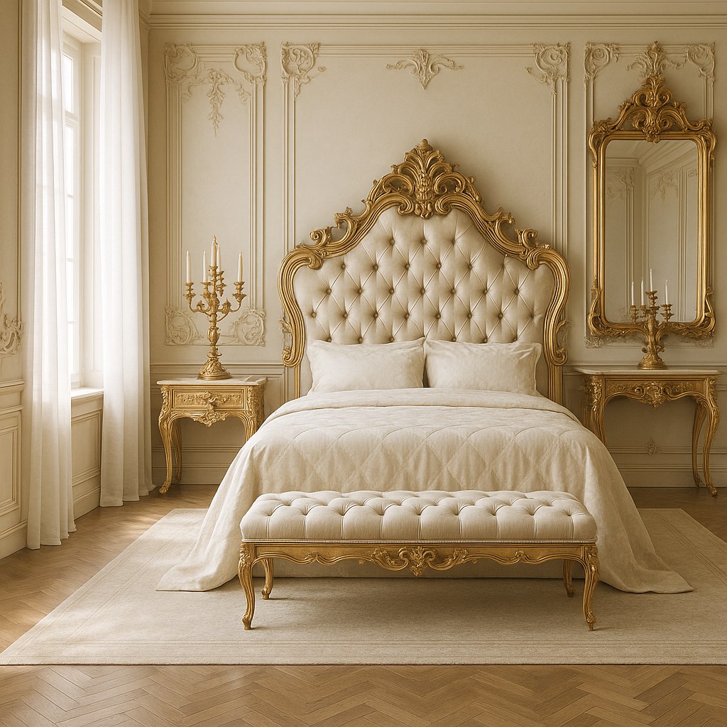 Single baroque bed as a vignette, sweeping gilded frame and tall upholstered headboard with button tufting