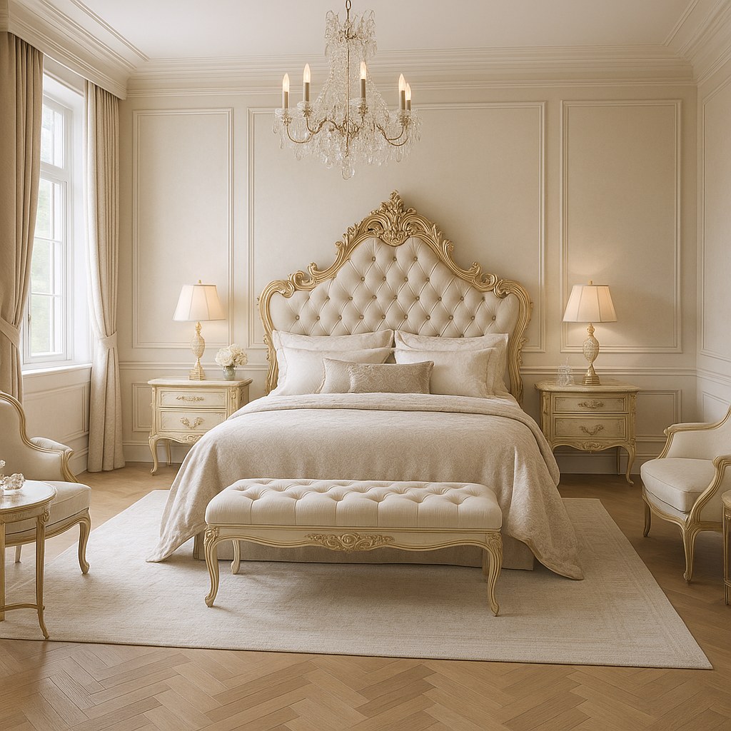 Baroque upholstered bed and four-poster bed in a bedroom, upholstered headboard against a curved wall design