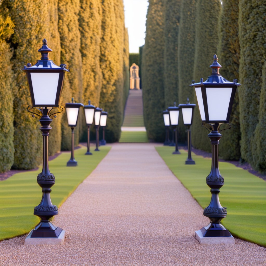 Barockgarten anlegen mit stimmungsvollen Gartenlaternen entlang der Hauptachse bei Abenddämmerung von Casa Padrino