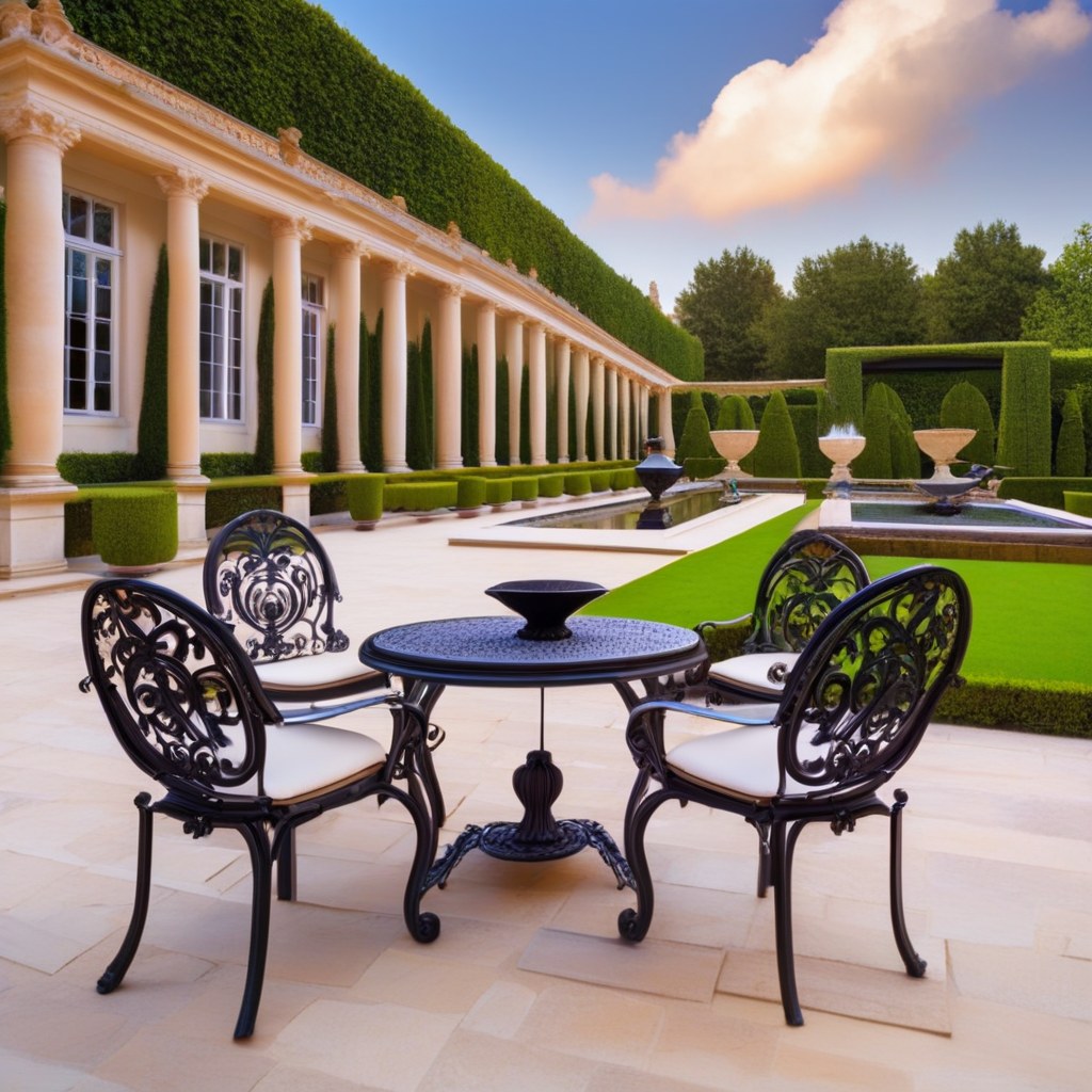 Barockgarten anlegen mit Terrasse und eleganten Schmiedeeisen Gartenmöbeln als Sitzplatz von Casa Padrino