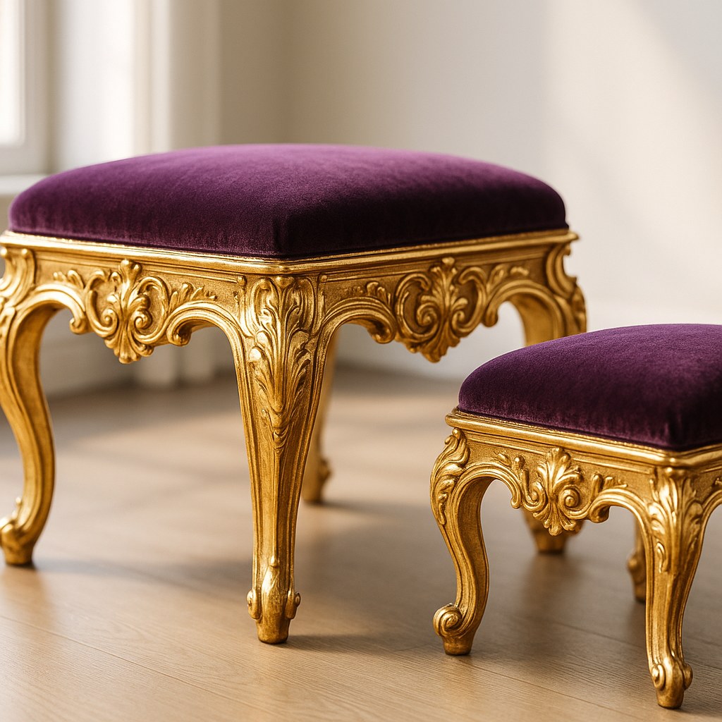 Détail d'un tabouret baroque au pied sculpté doré à la feuille et au rembourrage en velours