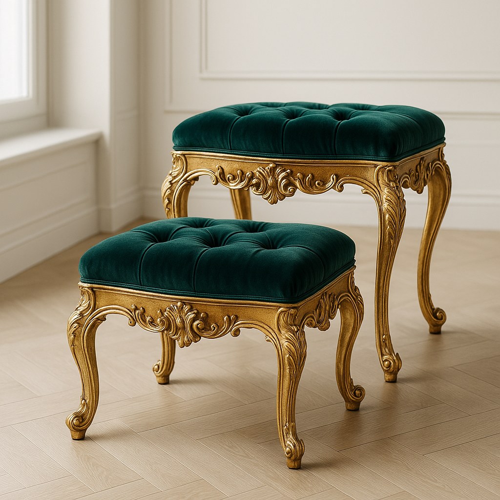 Ensemble de tabourets baroques dorés en velours aux pieds sculptés