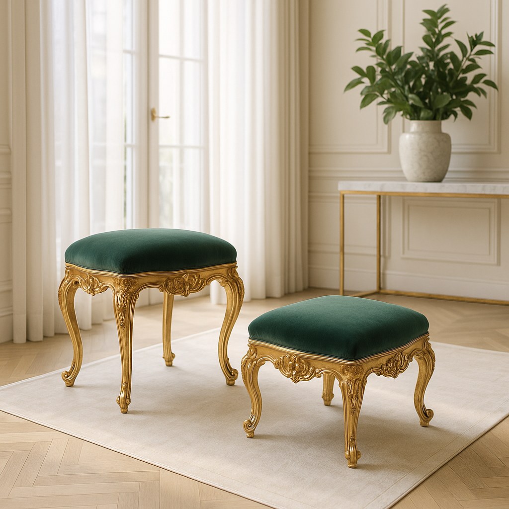 Plusieurs tabourets baroques dans un hall d'hôtel comme sièges d'appoint et surfaces d'appui flexibles
