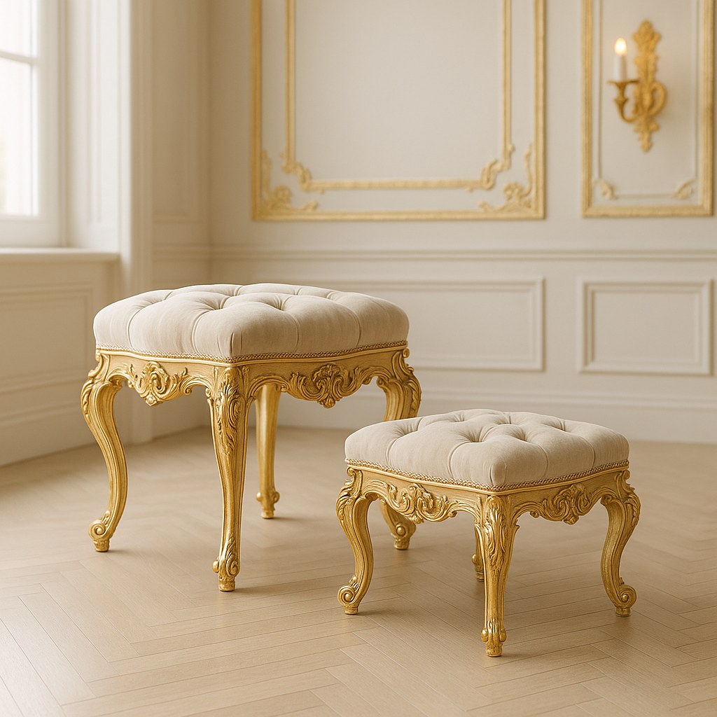 Tabouret baroque unique comme solitaire élégant devant un mur sombre dans l'entrée