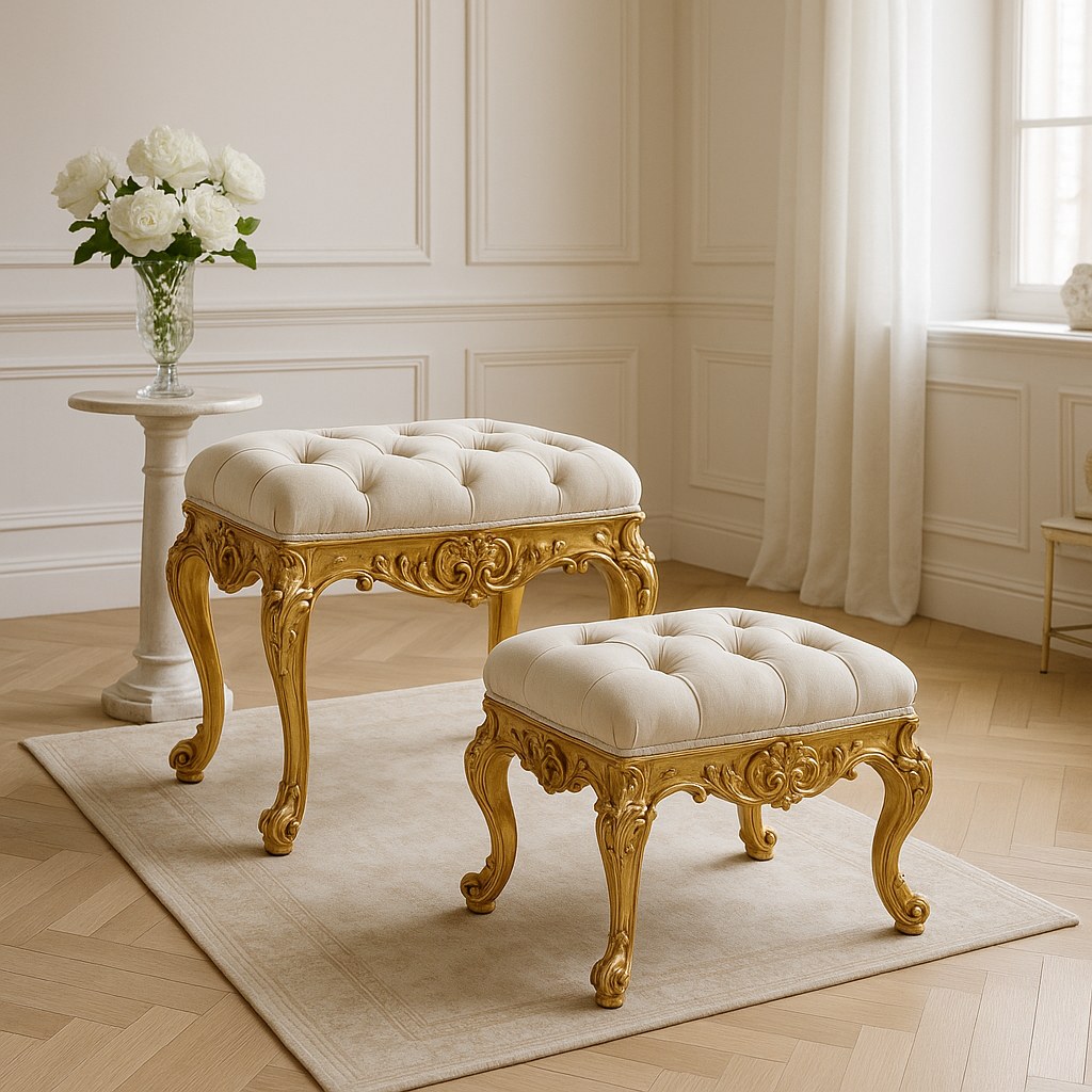 Tabouret baroque rond en velours comme repose-pieds devant un fauteuil dans un salon