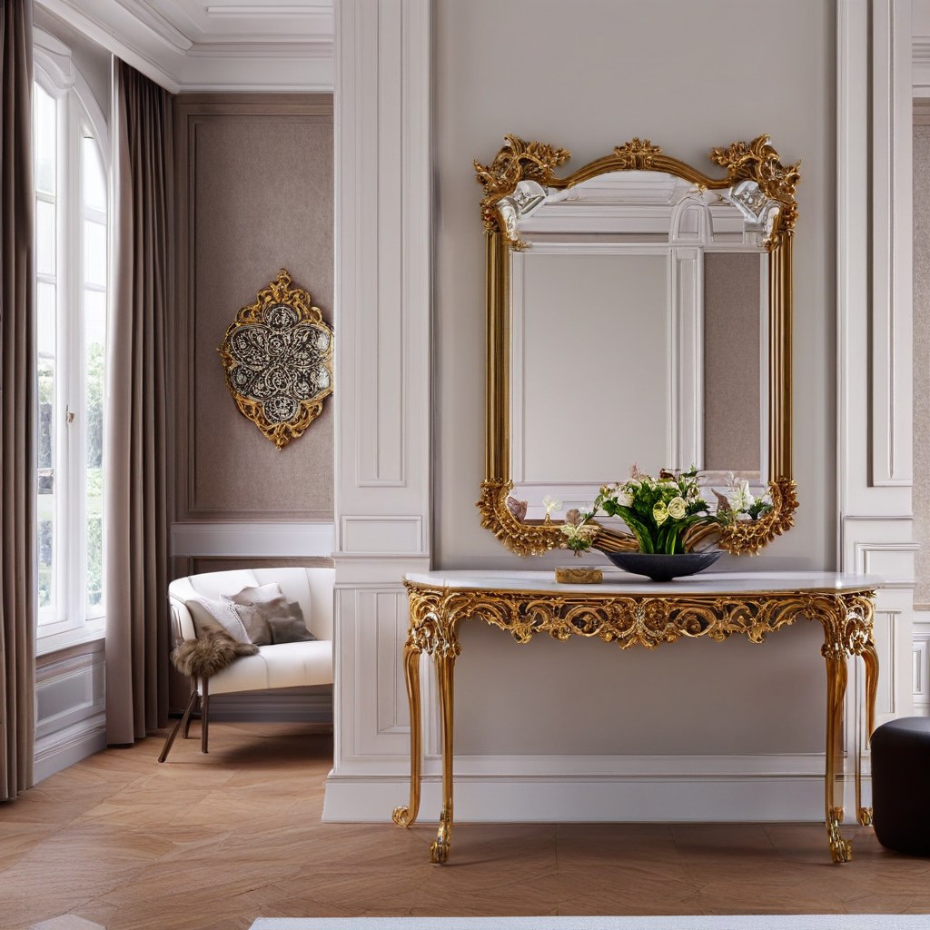 Barock-Esszimmer mit Barockvitrine, Esstisch und großem Barockspiegel