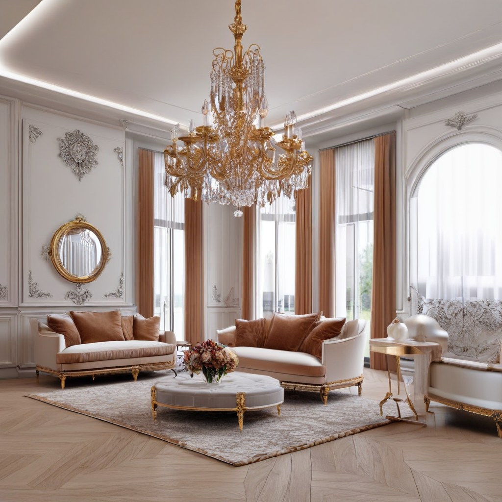 Barockmöbel in einer Hotel-Lobby mit goldenen Barocksesseln und Kronleuchter