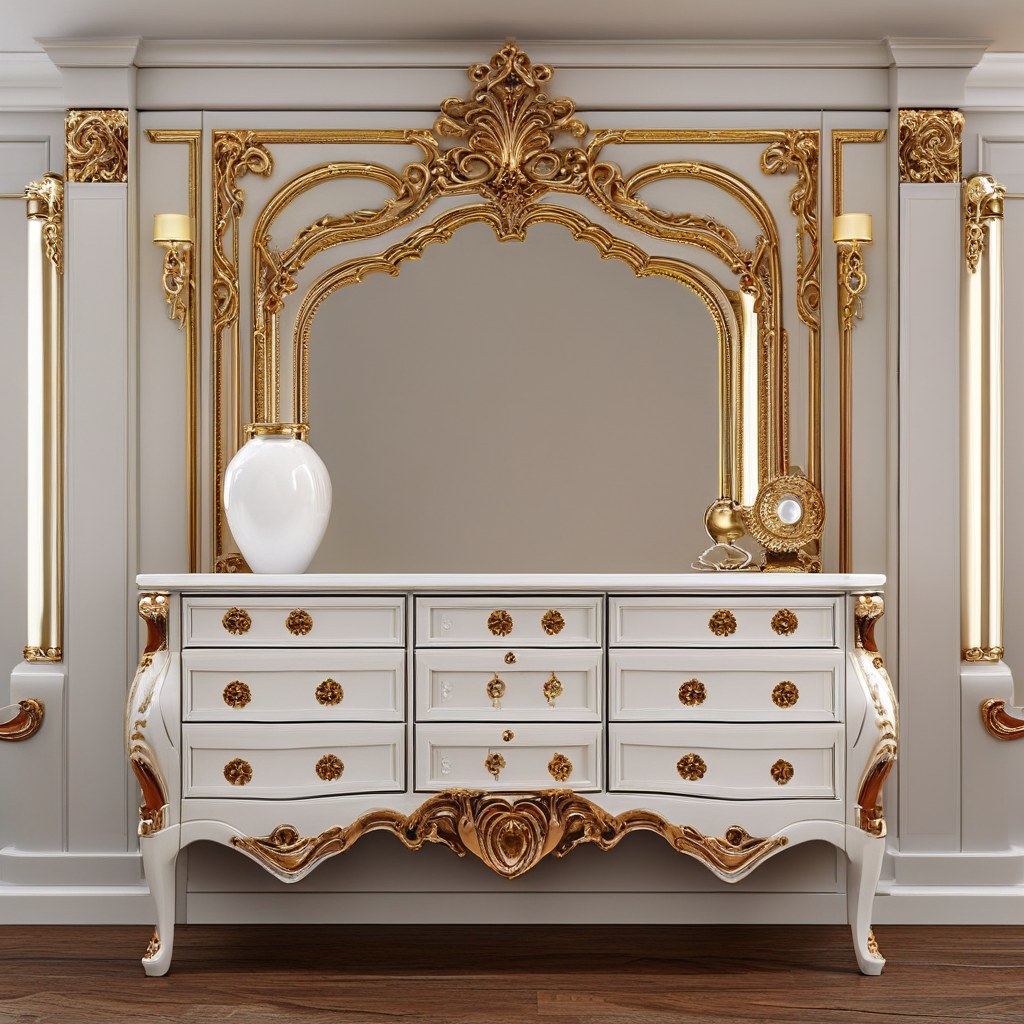 Barockmöbel im Schlafzimmer mit gepolstertem Barockbett und Barockkommode
