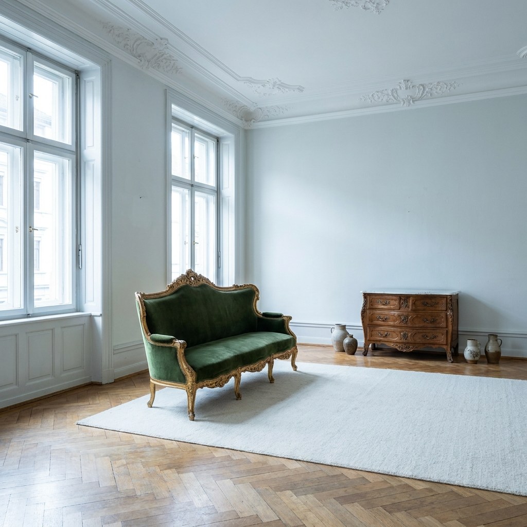 Barockmöbel in der Schweiz: vergoldetes Sofa und Kommode in einer Zürcher Altbauwohnung mit Stuck von Casa Padrino