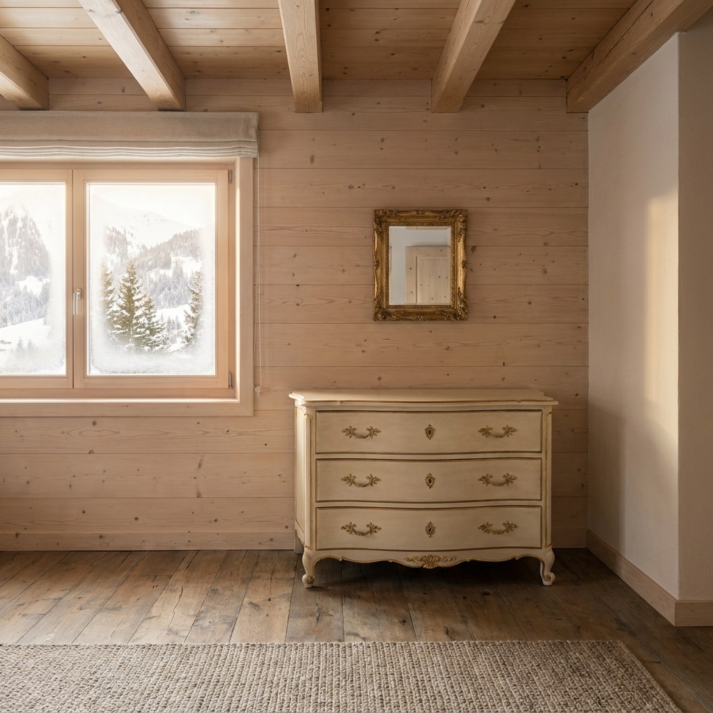 Barockmöbel Schweiz im Chalet: helle geschnitzte Kommode vor Täfer und Holzdecke von Casa Padrino