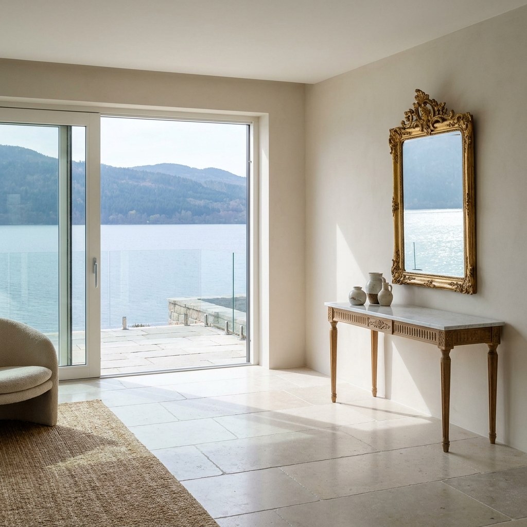 Barockmöbel Schweiz in einer Villa am See: grosser vergoldeter Spiegel über einer Konsole von Casa Padrino
