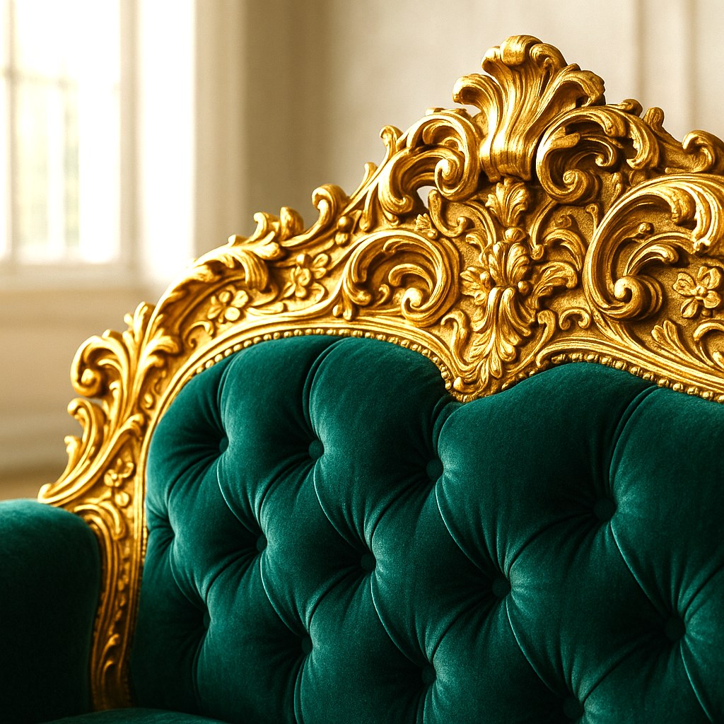 Detail eines Barocksofas mit handgeschnitztem, blattvergoldetem Ornament am Rahmen