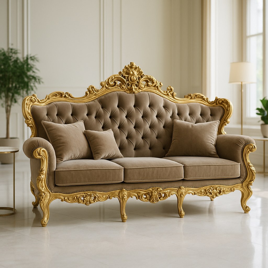 Barocksofa in einer Hotel-Lobby als repräsentativer Wartebereich mit Kronleuchter