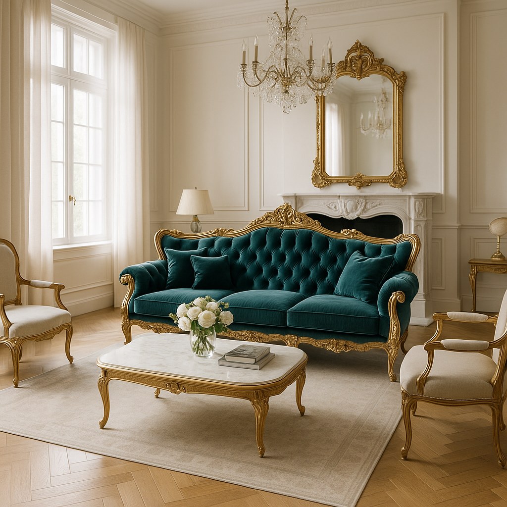 Barocksofa als Dreisitzer im Wohnzimmer mit Samtbezug und geschnitzten Beinen
