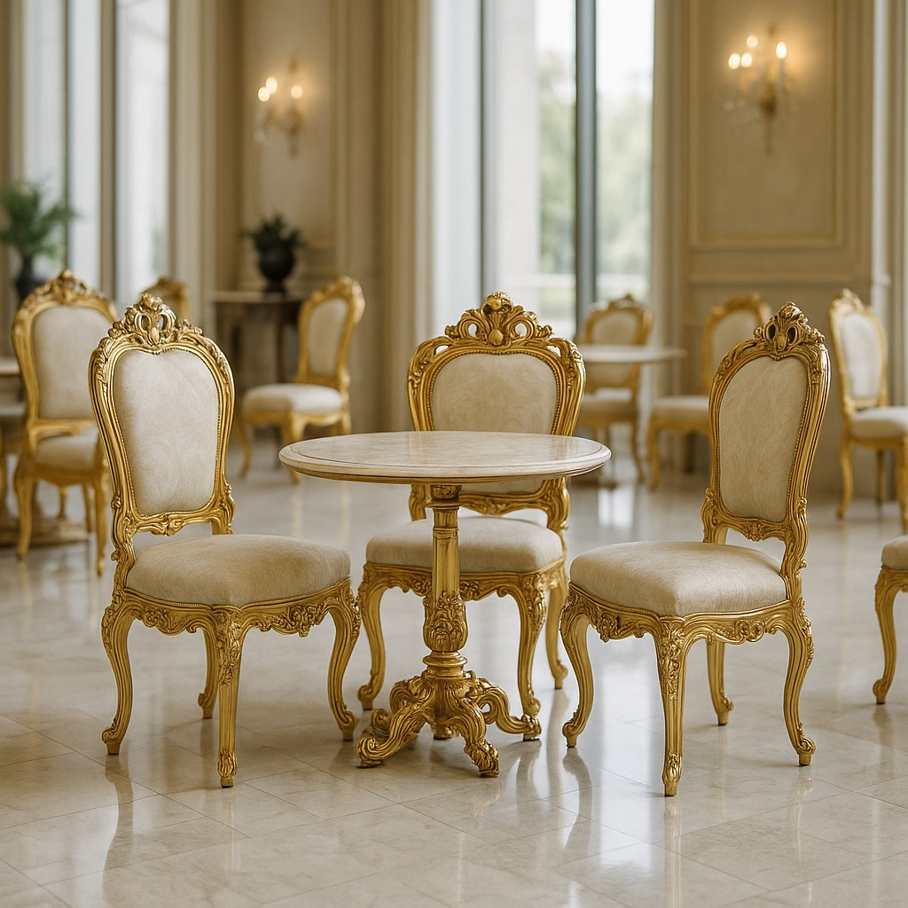 Lungo tavolo da banchetto in un hotel con una fila di sedie barocche coordinate e poltroncine ai capitavola