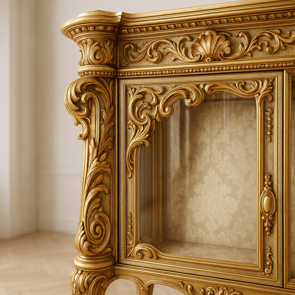 Detalle de una vitrina barroca con puerta de cristal biselado, herraje dorado y cornisa tallada