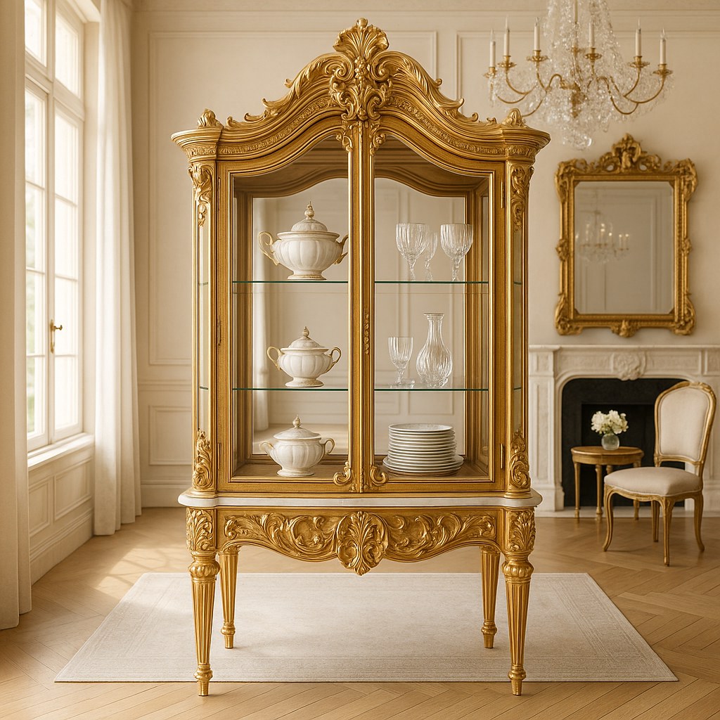 Vitrina barroca iluminada con puertas de cristal y fondo de espejo, llena de porcelana y cristal