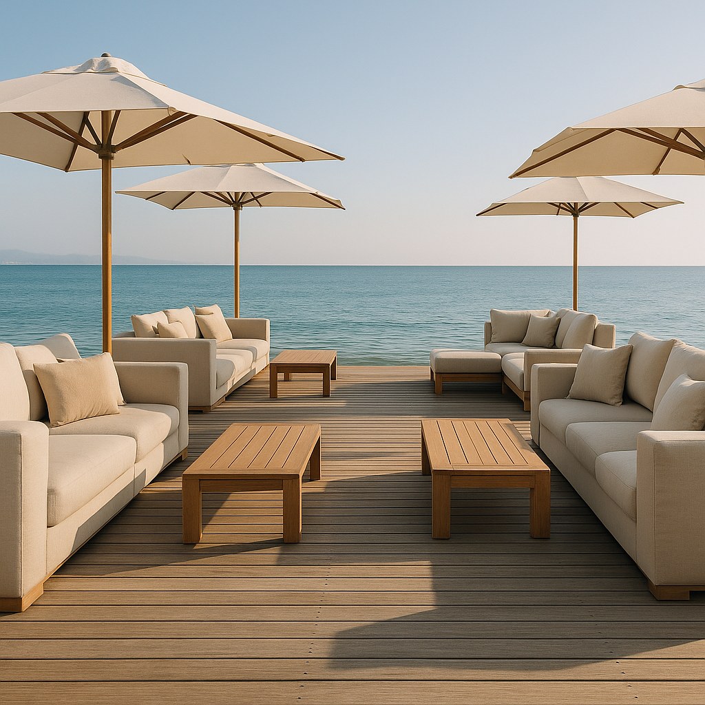Beachclub Ausstattung mit Loungebereich direkt am Wasser von Casa Padrino