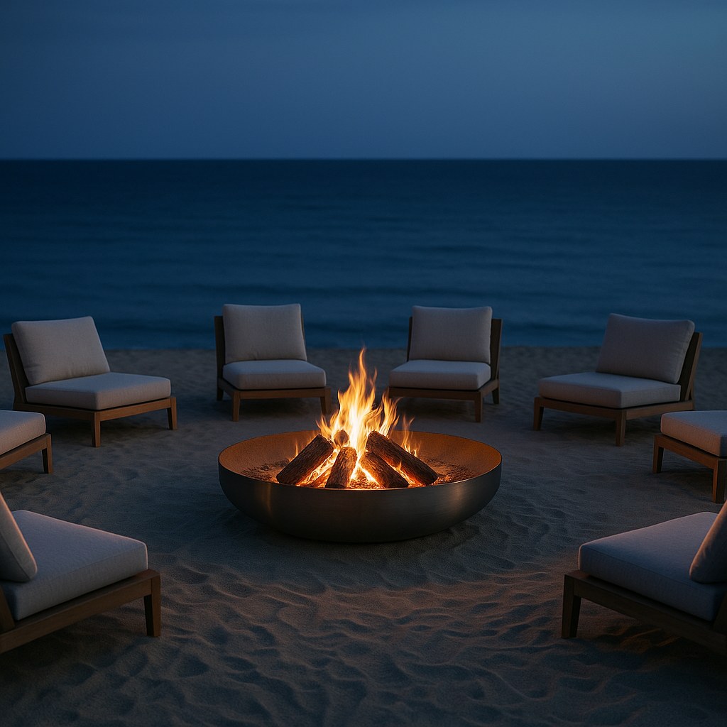 Beleuchtung für Beachclubs mit Feuerstelle am Strand von Casa Padrino