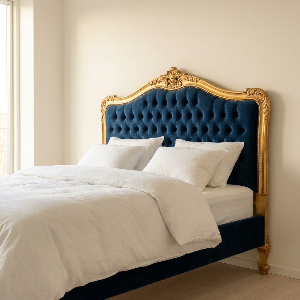 Bett kaufen Schweiz: Barockbett mit hohem gepolstertem Kopfteil in Samt von Casa Padrino