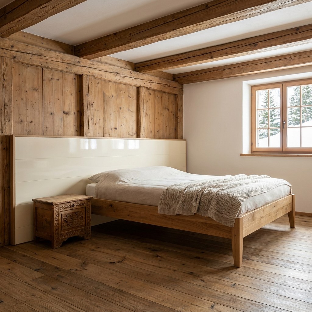 Bett kaufen Schweiz: Schlafzimmer im Chalet mit Täfer, Holzdecke und massivem Bett von Casa Padrino