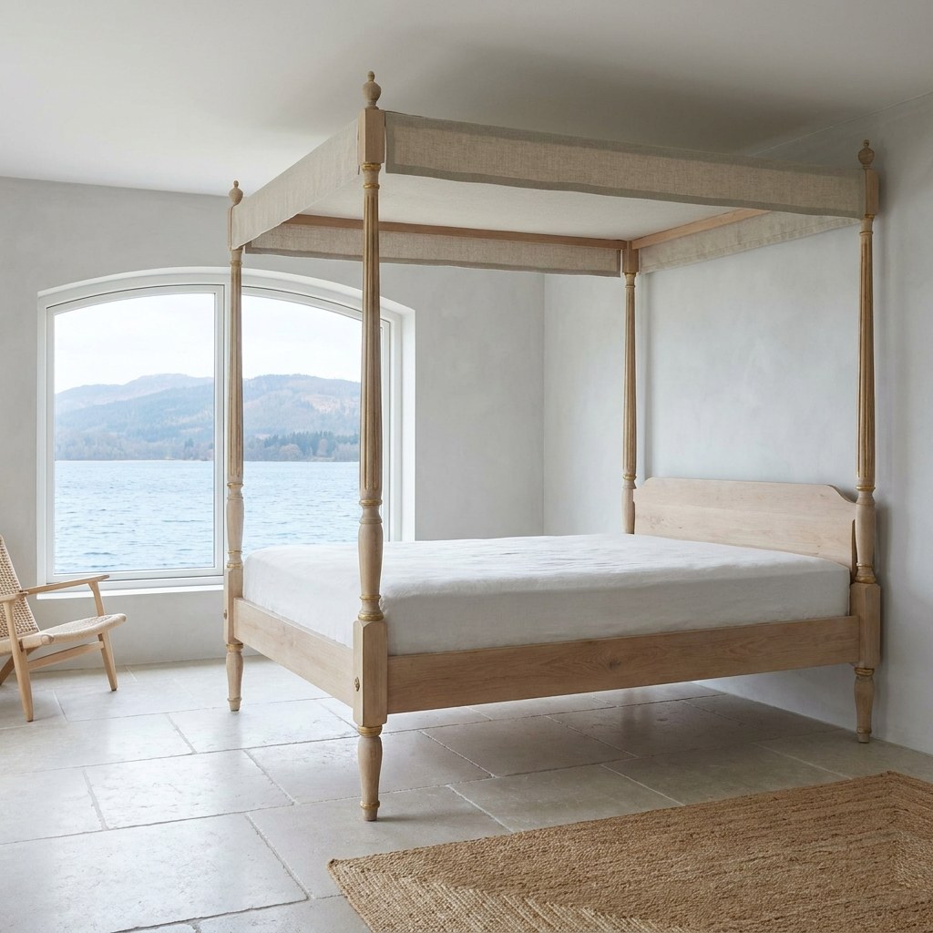 Bett kaufen Schweiz: Himmelbett in einem hohen Schlafzimmer einer Villa am See von Casa Padrino