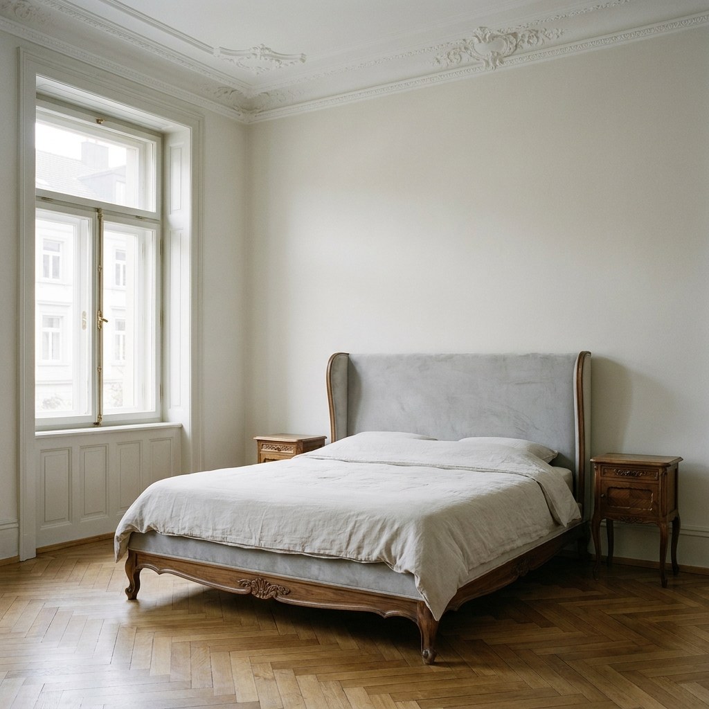 Bett kaufen in der Schweiz: Doppelbett mit gepolstertem Kopfteil in einem Zürcher Altbauschlafzimmer von Casa Padrino