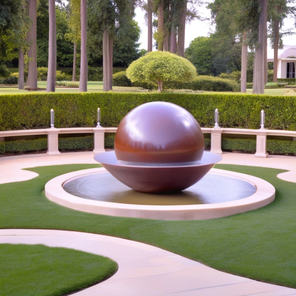 Moderna fontana a sfera con acqua gorgogliante grazie alla pompa per fontana su una terrazza di villa di Casa Padrino