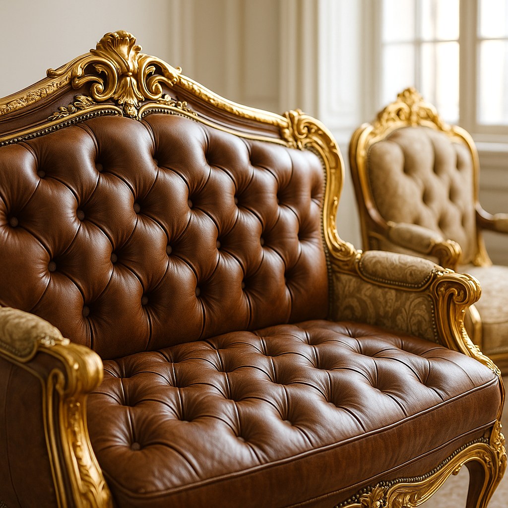 Detalle del capitoné profundo de un sofá Chesterfield en piel coñac con tachuelas decorativas