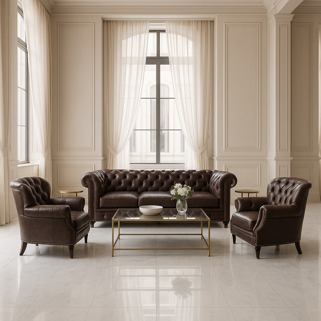 Sofás Chesterfield de piel en un lounge de hotel con bar como equipamiento contract prestigioso