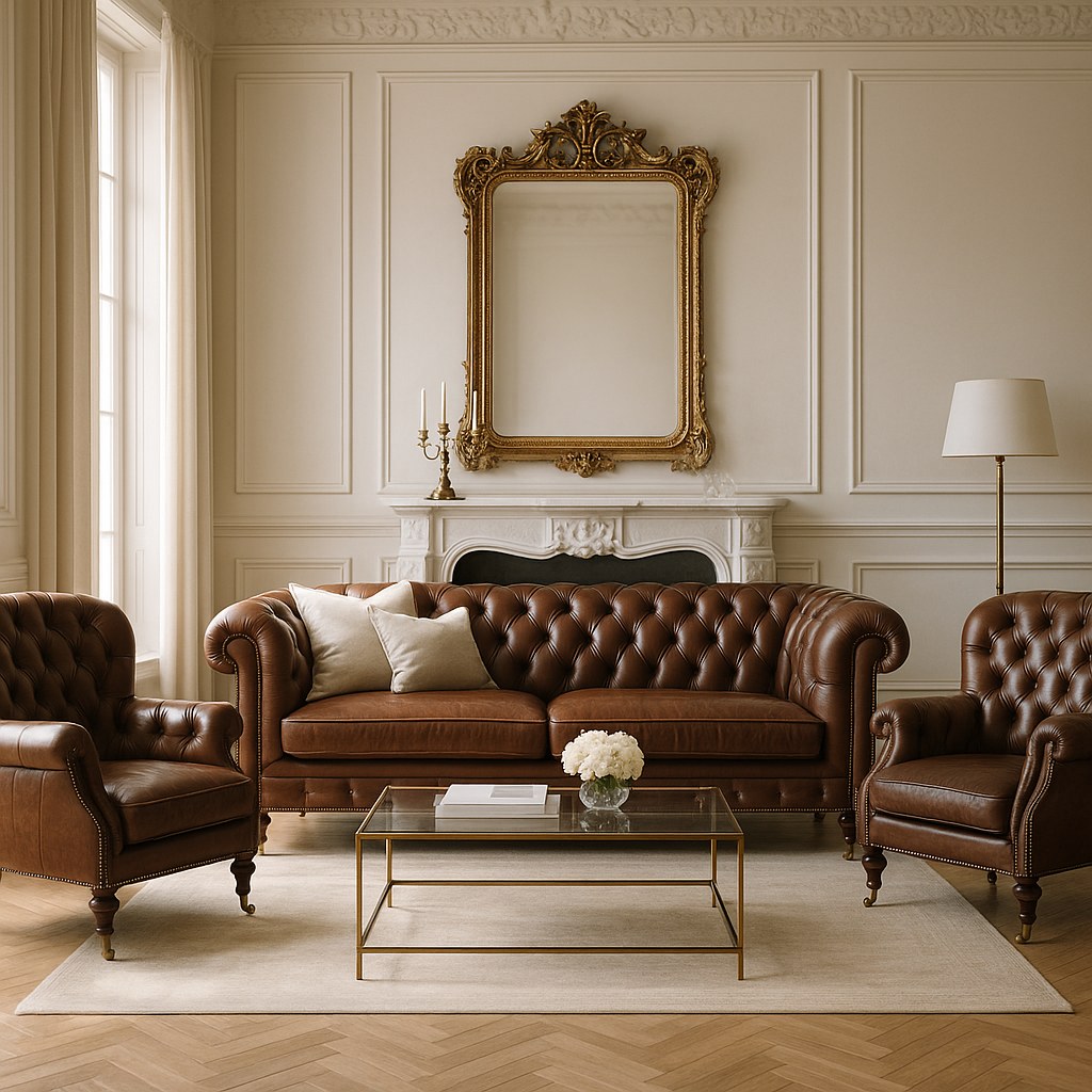 Sillón orejero Chesterfield en piel verde oscuro con tachuelas como elegante escena de lectura