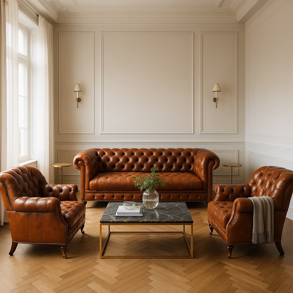 Sillón y sofá Chesterfield en terciopelo verde con capitoné en un salón de estilo barroco