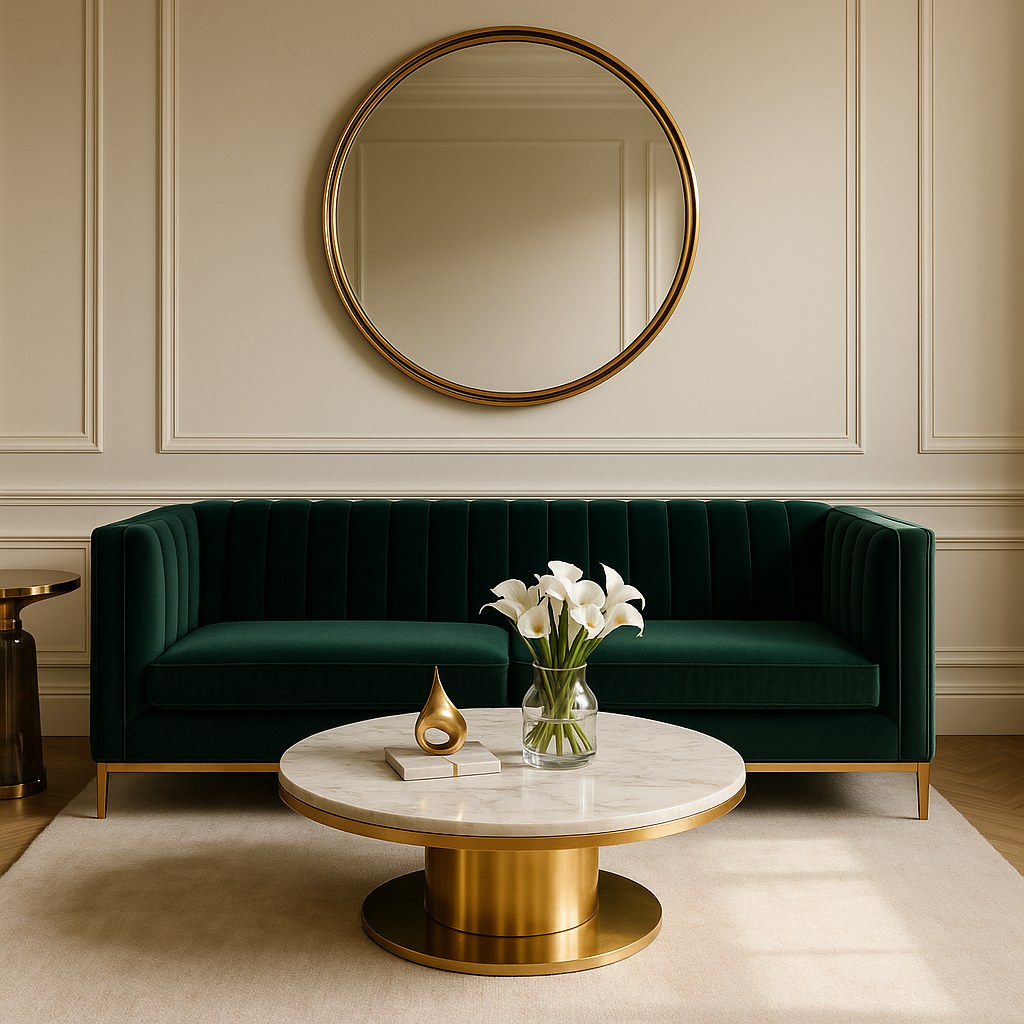 Eichholtz Samtsofa in einem glamourösen Wohnzimmer mit Messing-Akzenten und Marmor-Couchtisch