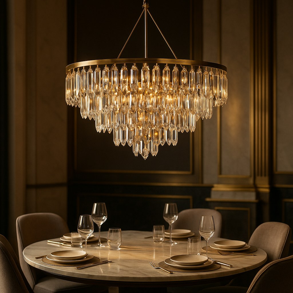 Eichholtz Kristall-Kronleuchter in Goldoptik über einem elegant gedeckten Esstisch