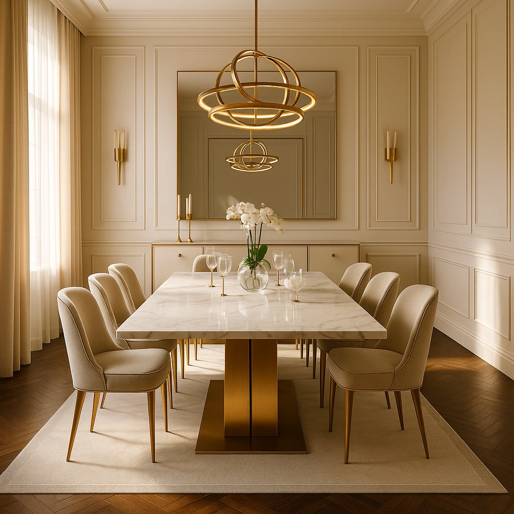 Eichholtz Design-Leuchte in einem luxuriösen Esszimmer mit Marmortisch