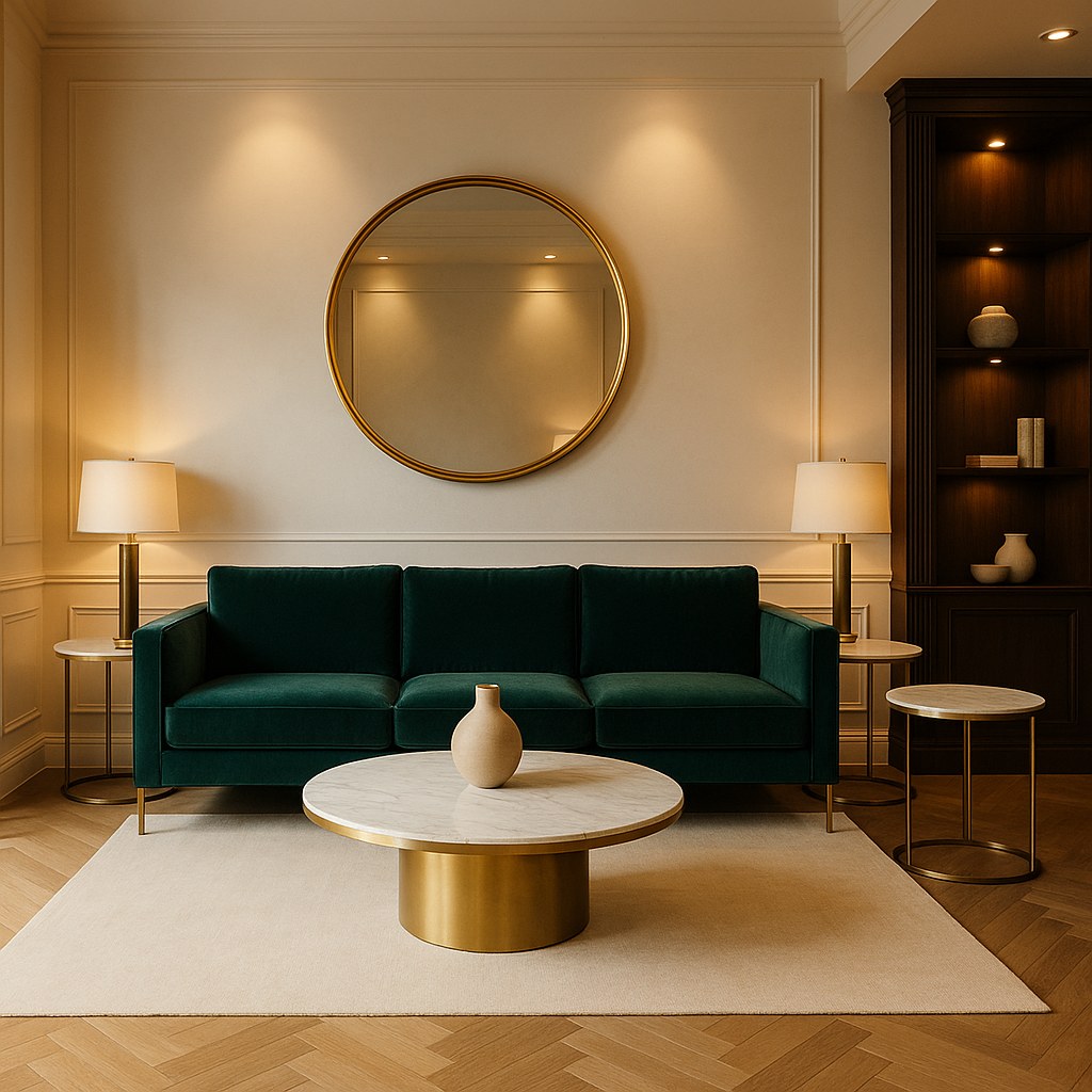 Eichholtz Sofa im Luxus-Showroom in Essen mit Goldspiegel und Designermöbeln