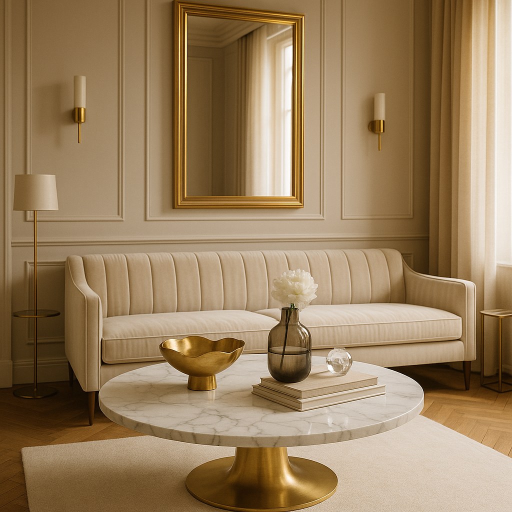 Eichholtz Sofa in einer luxuriösen Wohnwelt im Ruhrgebiet mit rundem Marmor-Couchtisch