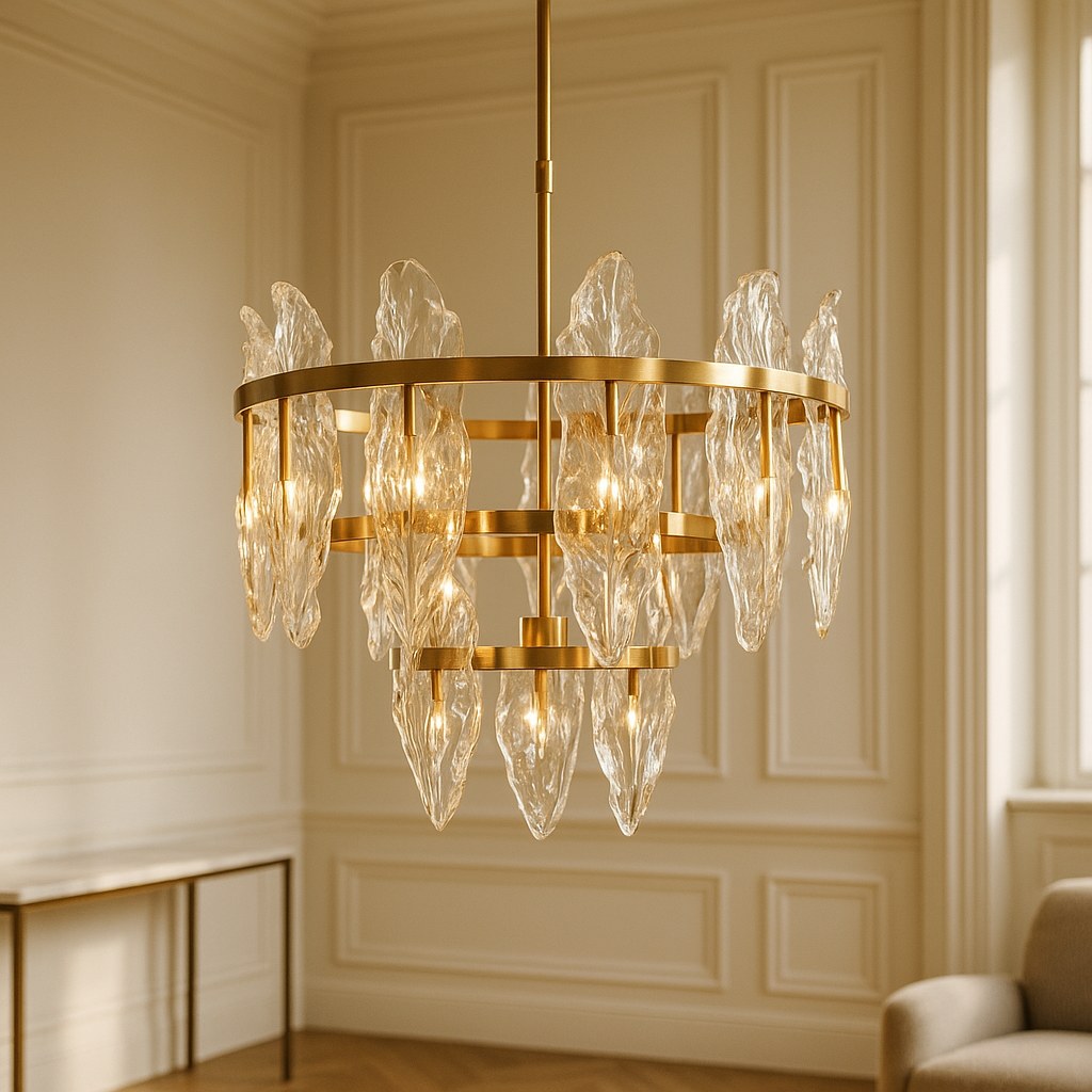 Eichholtz Kronleuchter modern in Messing- und Goldoptik mit sculpturalen Glaselementen