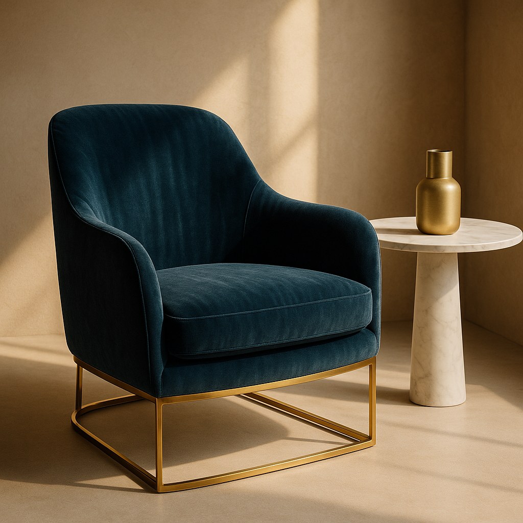 Eichholtz Samtsessel mit Marmor-Beistelltisch und Accessoires im Showroom Essen