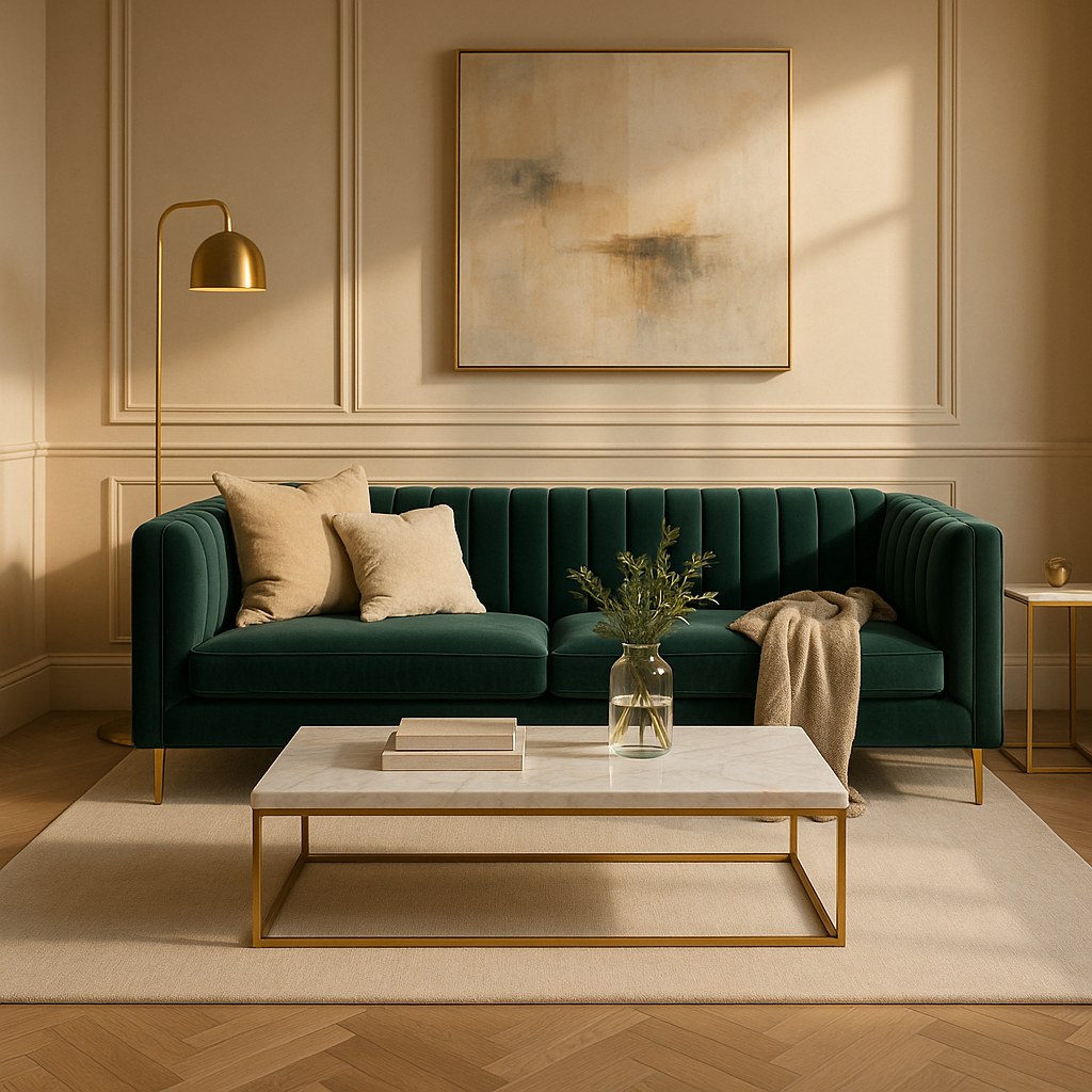 Eichholtz Sofa aus Samt in modernem Design mit Kanaltuftung und Messingfüßen