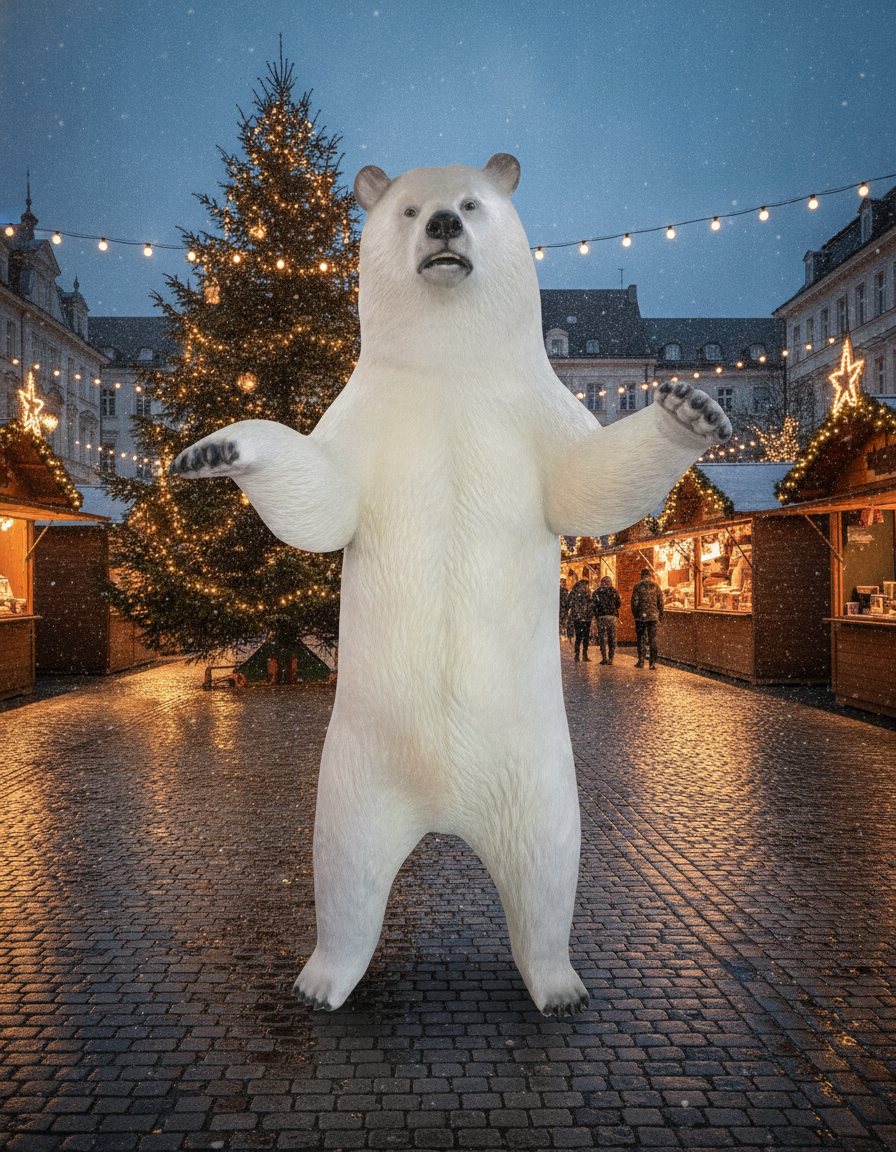 Lebensgroße Eisbär Skulptur als Blickfang auf einem winterlichen Weihnachtsmarkt von Casa Padrino